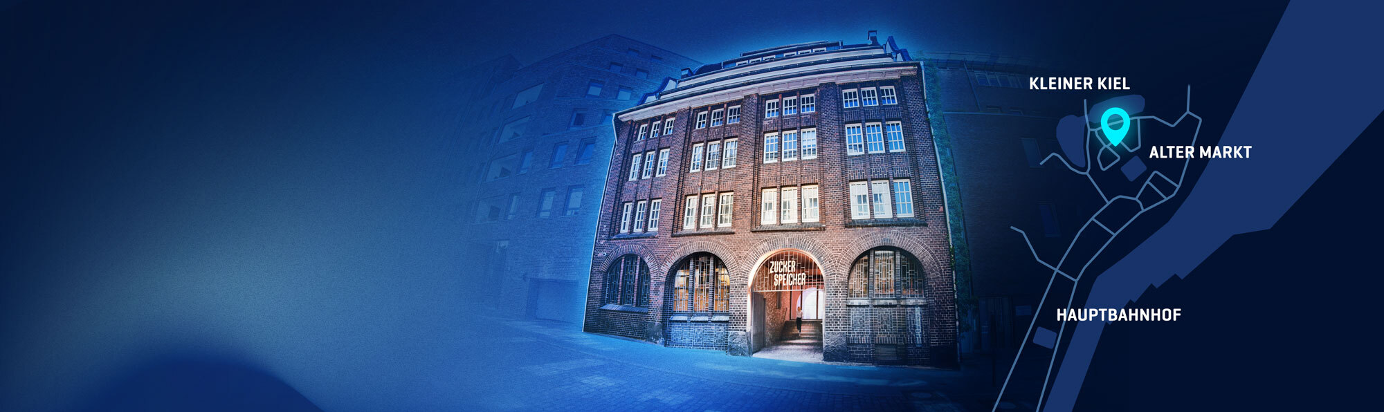 Dunkelblaues Visual mit Grafik des Zuckerspeichers in Kiel zusammen mit einer Kartengrafik rechts daneben Dunkelblaues Visual mit Grafik des Zuckerspeichers in Kiel zusammen mit einer Kartengrafik rechts daneben